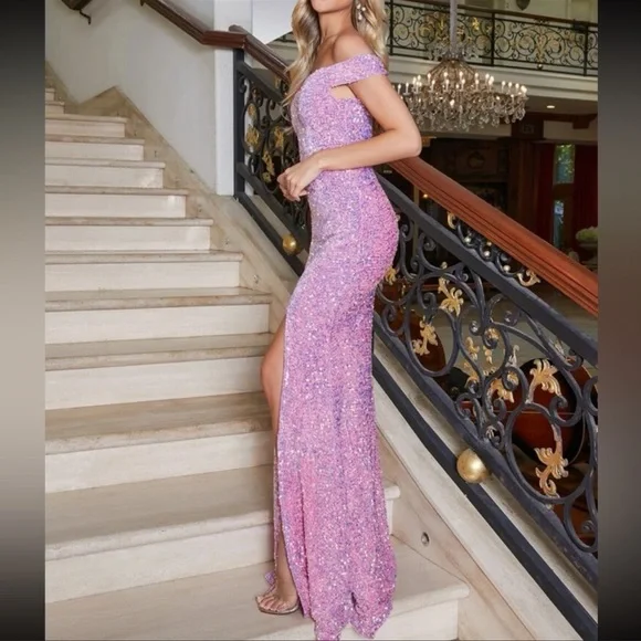 Barbiecore off shoulder slit thigh party formal evening wedding sequins … - Picture 3 of 7